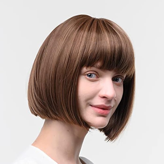 DILLARDS Blonde Mix Ombre Dark Brown Bob Closure Wig For Women Short Straight Synthetic Hair With Bangs Flapper Wigs For Daily Cosplay Brunette 10Inch - Image 1